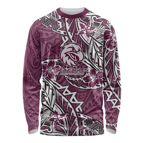 Personalised Manly Warringah Sea Eagles Long Sleeve Shirt Polynesian Tribal Pattern With Rugby Sea Eagle Mascot Art