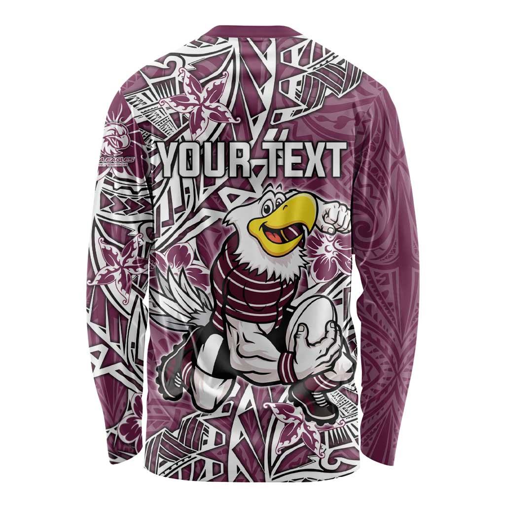 Personalised Manly Warringah Sea Eagles Long Sleeve Shirt Polynesian Tribal Pattern With Rugby Sea Eagle Mascot Art