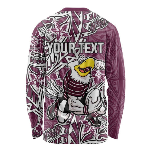Personalised Manly Warringah Sea Eagles Long Sleeve Shirt Polynesian Tribal Pattern With Rugby Sea Eagle Mascot Art