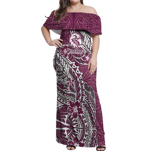 Personalised Manly Warringah Sea Eagles Off Shoulder Maxi Dress Polynesian Tribal Pattern With Rugby Sea Eagle Mascot Art