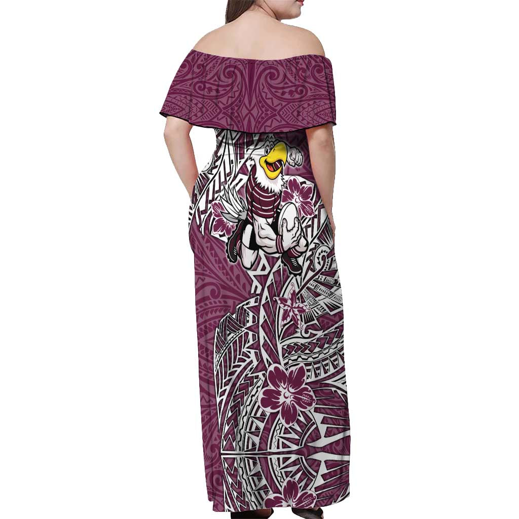 Personalised Manly Warringah Sea Eagles Off Shoulder Maxi Dress Polynesian Tribal Pattern With Rugby Sea Eagle Mascot Art