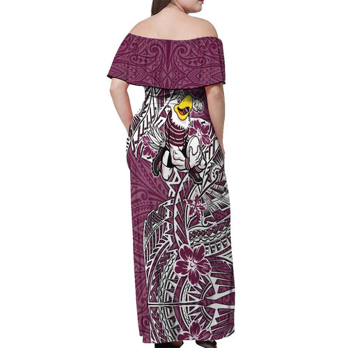 Personalised Manly Warringah Sea Eagles Off Shoulder Maxi Dress Polynesian Tribal Pattern With Rugby Sea Eagle Mascot Art