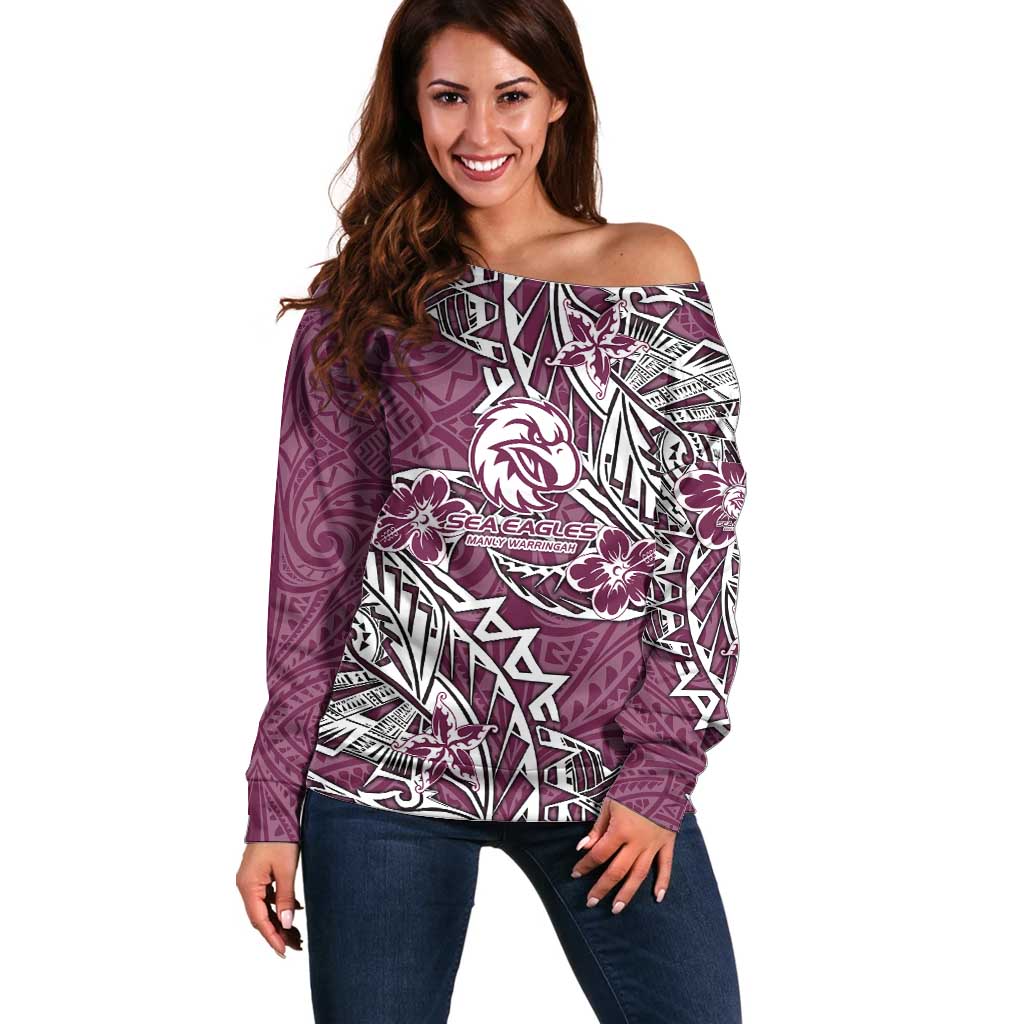 Personalised Manly Warringah Sea Eagles Off Shoulder Sweater Polynesian Tribal Pattern With Rugby Sea Eagle Mascot Art