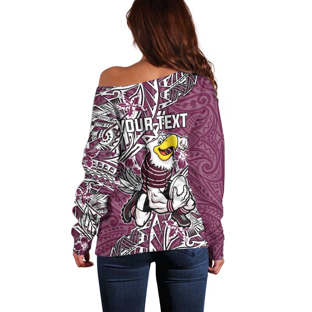 Personalised Manly Warringah Sea Eagles Off Shoulder Sweater Polynesian Tribal Pattern With Rugby Sea Eagle Mascot Art