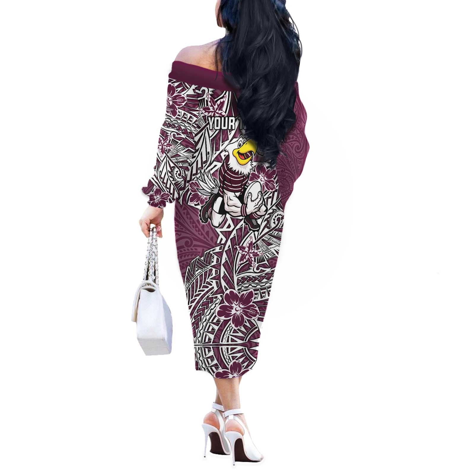 Personalised Manly Warringah Sea Eagles Off The Shoulder Long Sleeve Dress Polynesian Tribal Pattern With Rugby Sea Eagle Mascot Art