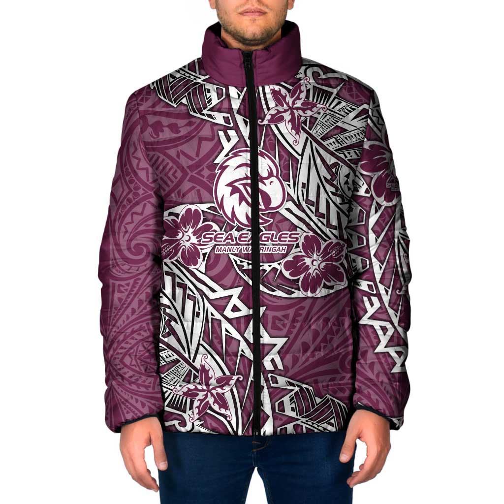 Personalised Manly Warringah Sea Eagles Padded Jacket Polynesian Tribal Pattern With Rugby Sea Eagle Mascot Art