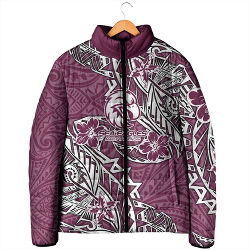 Personalised Manly Warringah Sea Eagles Padded Jacket Polynesian Tribal Pattern With Rugby Sea Eagle Mascot Art