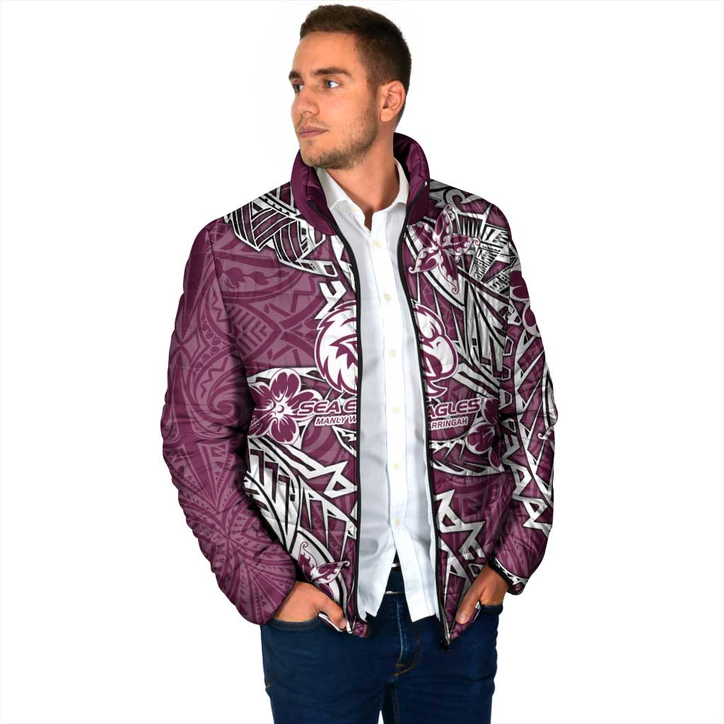 Personalised Manly Warringah Sea Eagles Padded Jacket Polynesian Tribal Pattern With Rugby Sea Eagle Mascot Art