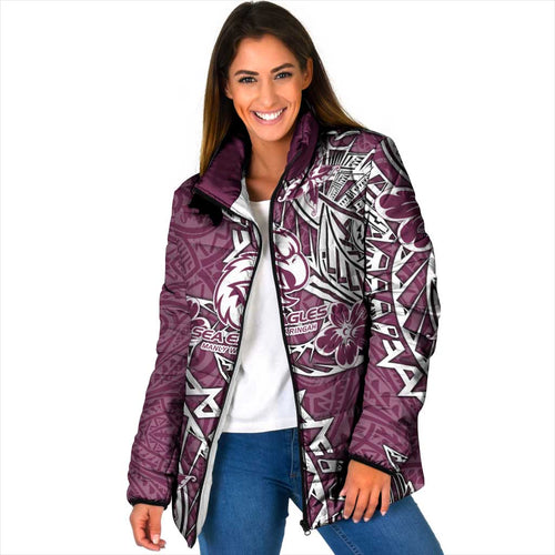 Personalised Manly Warringah Sea Eagles Padded Jacket Polynesian Tribal Pattern With Rugby Sea Eagle Mascot Art