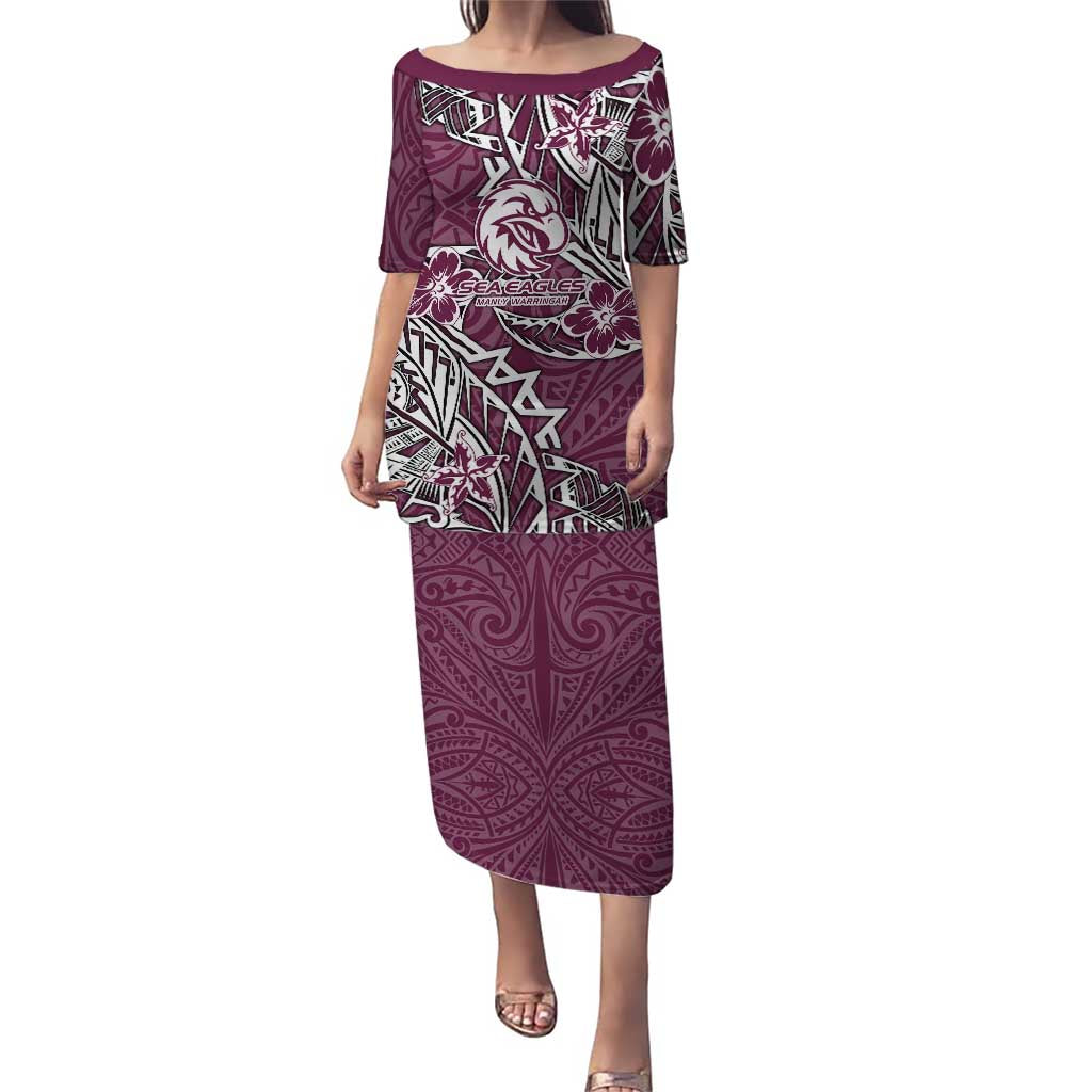 Personalised Manly Warringah Sea Eagles Puletasi Polynesian Tribal Pattern With Rugby Sea Eagle Mascot Art