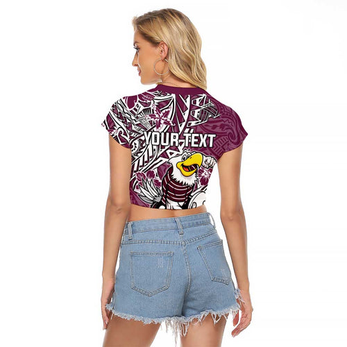 Personalised Manly Warringah Sea Eagles Raglan Cropped T Shirt Polynesian Tribal Pattern With Rugby Sea Eagle Mascot Art