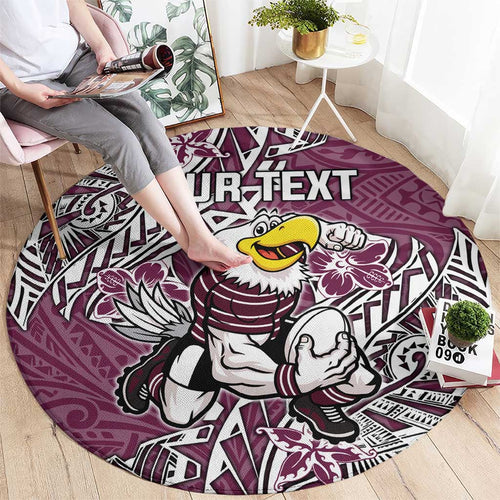 Personalised Manly Warringah Sea Eagles Round Carpet Polynesian Tribal Pattern With Rugby Sea Eagle Mascot Art