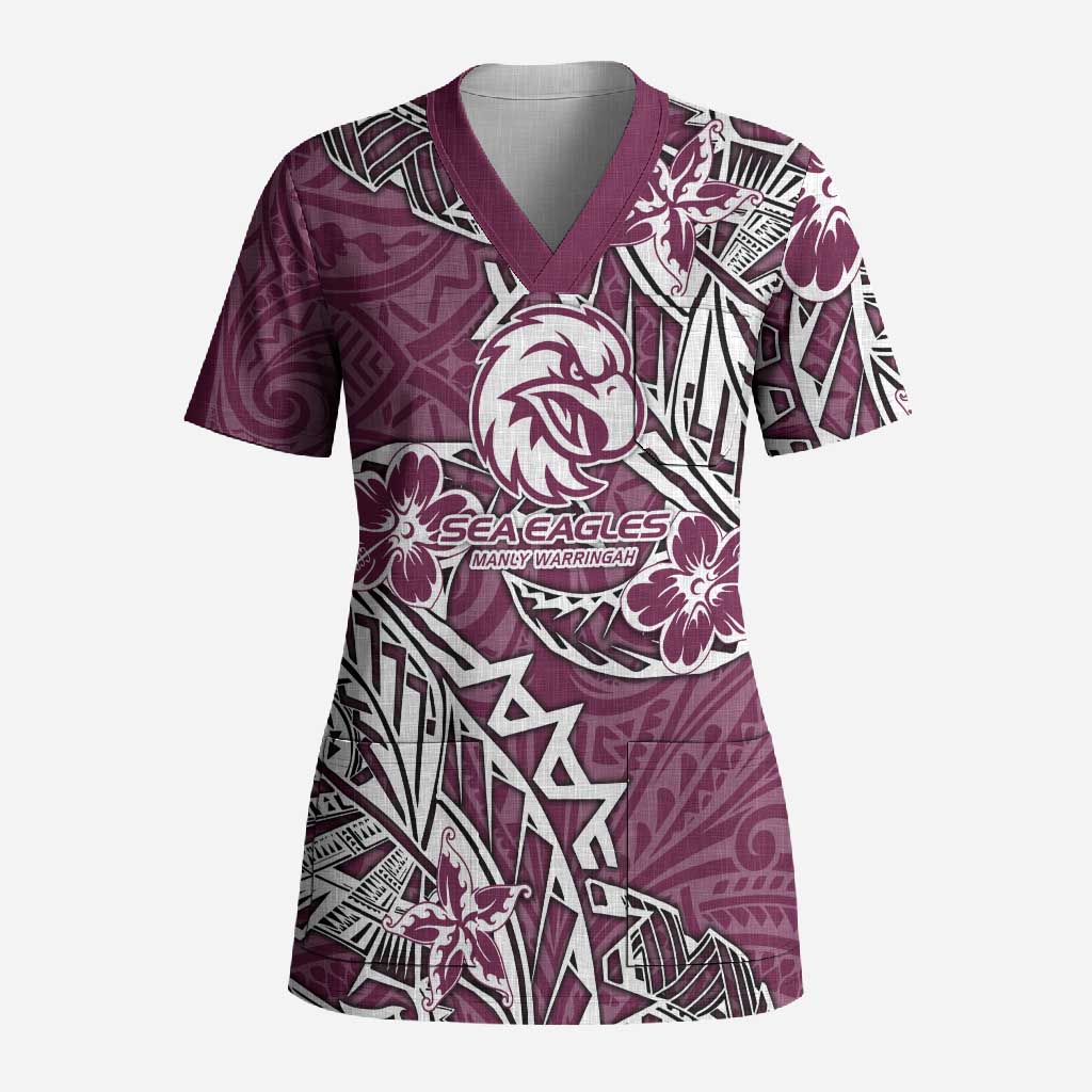 Personalised Manly Warringah Sea Eagles Scrub Top Polynesian Tribal Pattern With Rugby Sea Eagle Mascot Art