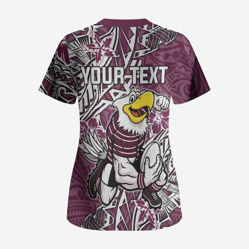 Personalised Manly Warringah Sea Eagles Scrub Top Polynesian Tribal Pattern With Rugby Sea Eagle Mascot Art