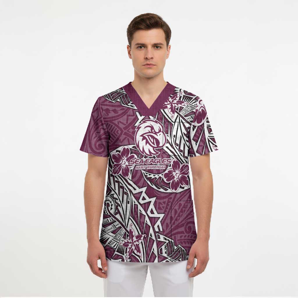 Personalised Manly Warringah Sea Eagles Scrub Top Polynesian Tribal Pattern With Rugby Sea Eagle Mascot Art