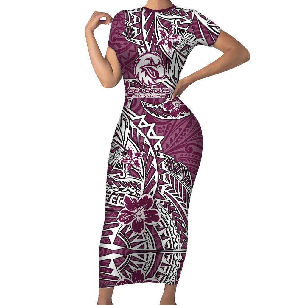 Personalised Manly Warringah Sea Eagles Short Sleeve Bodycon Dress Polynesian Tribal Pattern With Rugby Sea Eagle Mascot Art