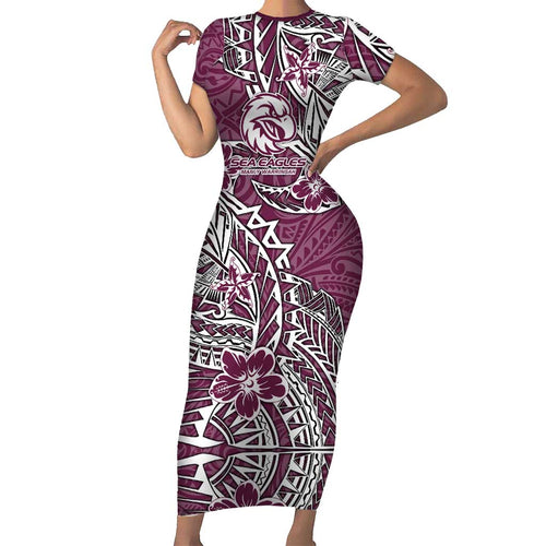 Personalised Manly Warringah Sea Eagles Short Sleeve Bodycon Dress Polynesian Tribal Pattern With Rugby Sea Eagle Mascot Art