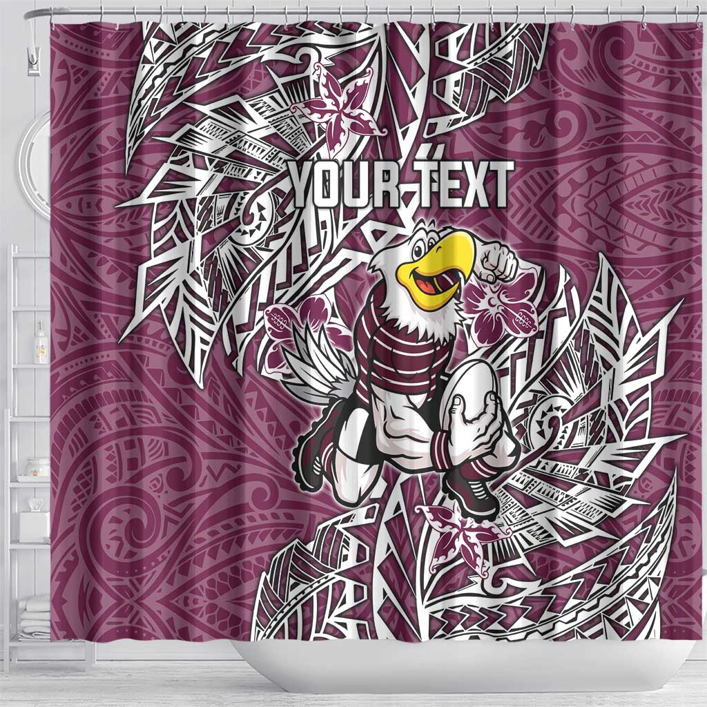 Personalised Manly Warringah Sea Eagles Shower Curtain Polynesian Tribal Pattern With Rugby Sea Eagle Mascot Art