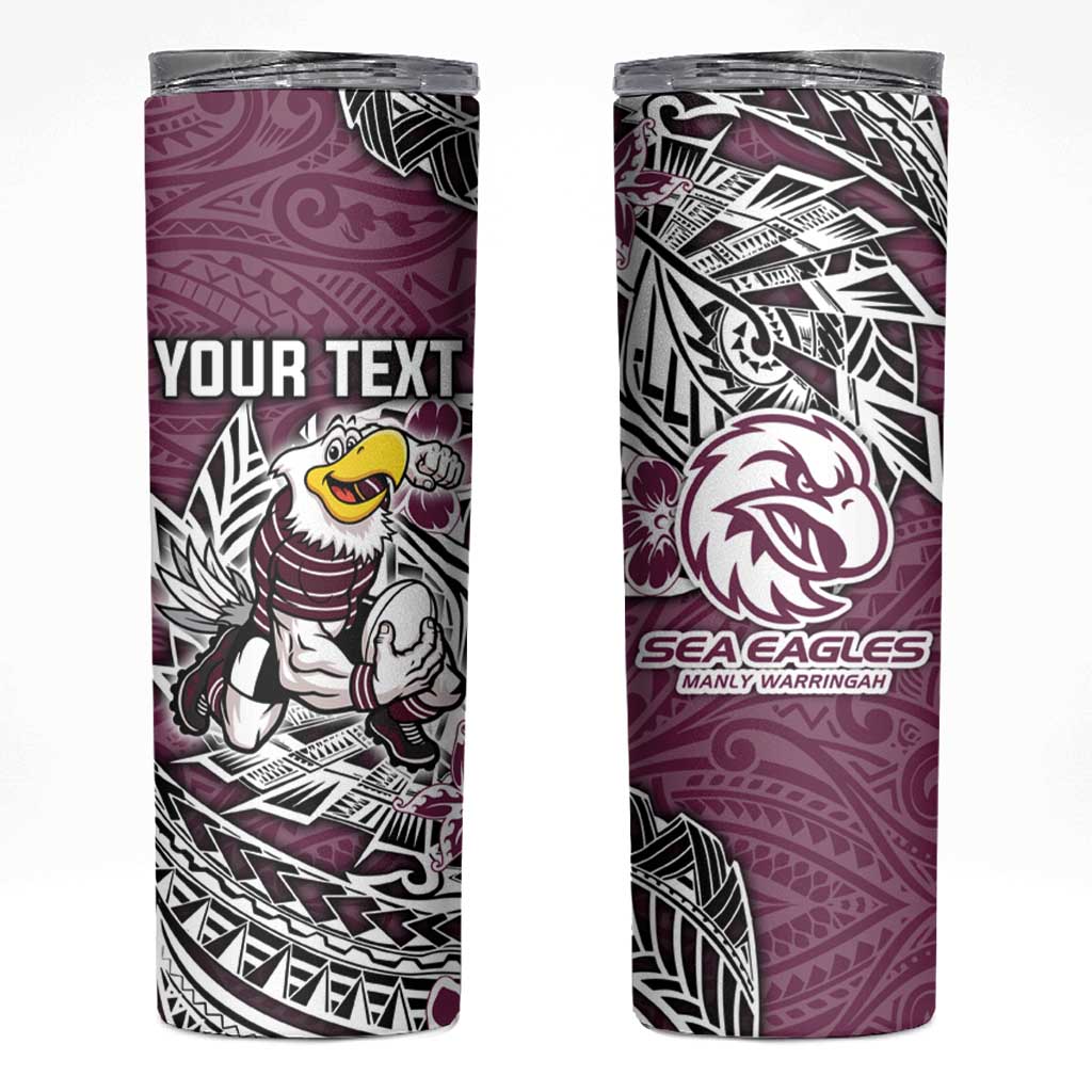 Personalised Manly Warringah Sea Eagles Skinny Tumbler Polynesian Tribal Pattern With Rugby Sea Eagle Mascot Art
