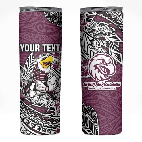Personalised Manly Warringah Sea Eagles Skinny Tumbler Polynesian Tribal Pattern With Rugby Sea Eagle Mascot Art