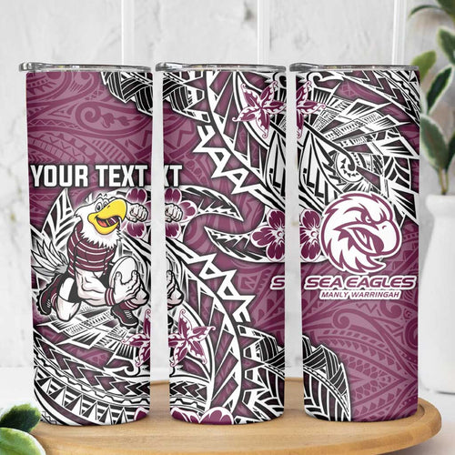 Personalised Manly Warringah Sea Eagles Skinny Tumbler Polynesian Tribal Pattern With Rugby Sea Eagle Mascot Art