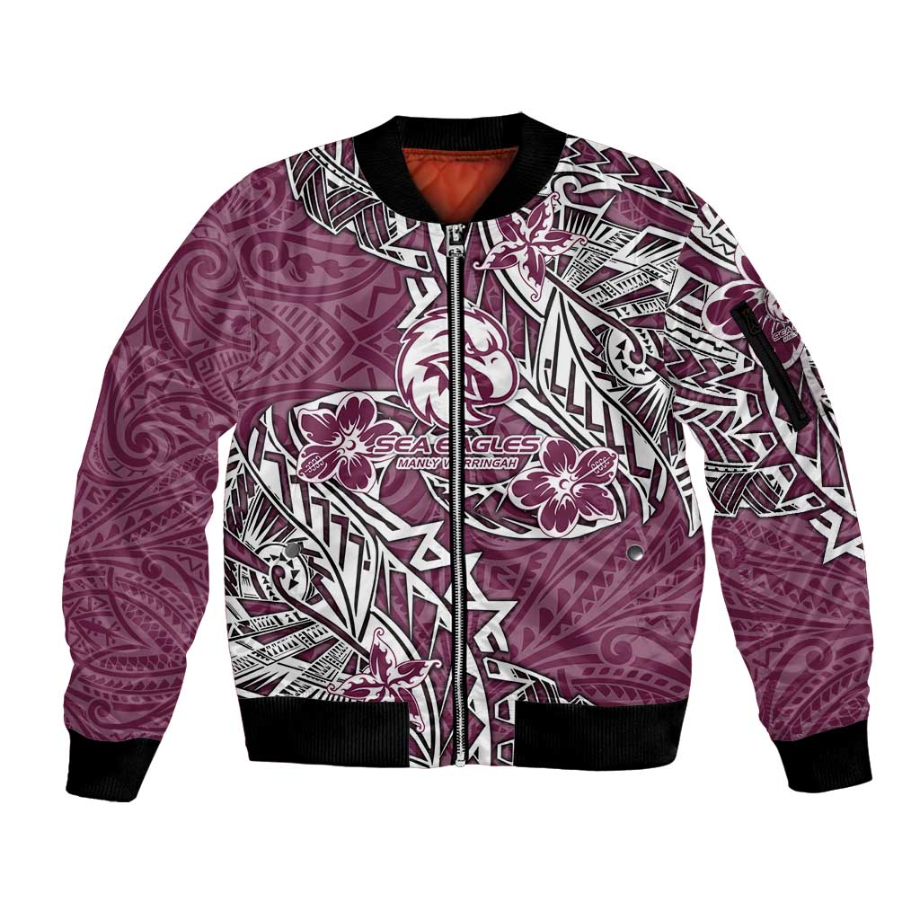 Personalised Manly Warringah Sea Eagles Sleeve Zip Bomber Jacket Polynesian Tribal Pattern With Rugby Sea Eagle Mascot Art