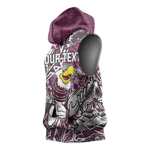 Personalised Manly Warringah Sea Eagles Sleeveless Hoodie Polynesian Tribal Pattern With Rugby Sea Eagle Mascot Art