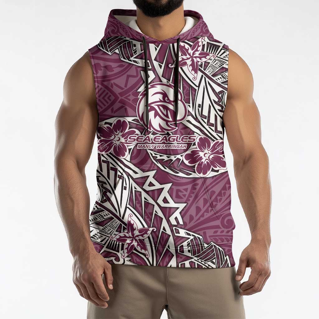 Personalised Manly Warringah Sea Eagles Sleeveless Hoodie Polynesian Tribal Pattern With Rugby Sea Eagle Mascot Art