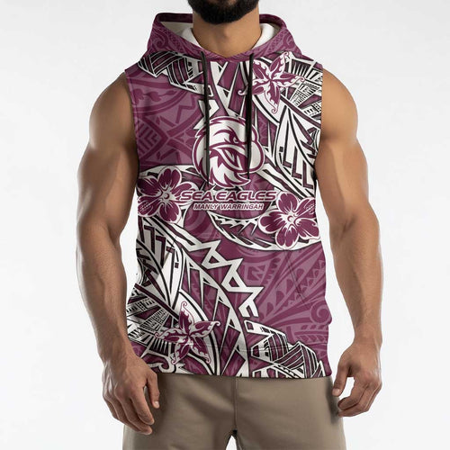 Personalised Manly Warringah Sea Eagles Sleeveless Hoodie Polynesian Tribal Pattern With Rugby Sea Eagle Mascot Art
