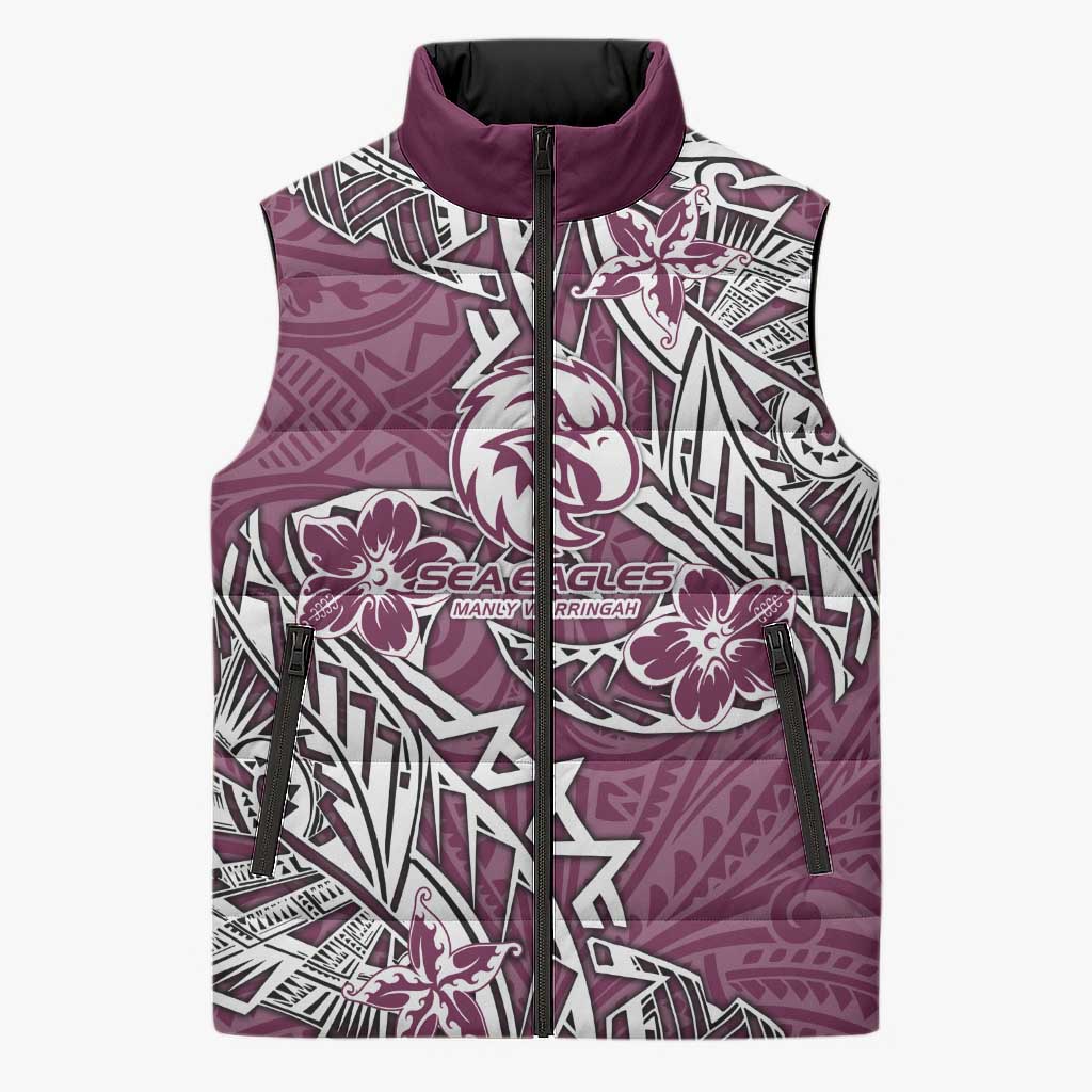 Personalised Manly Warringah Sea Eagles Sleeveless Puffer Jacket Polynesian Tribal Pattern With Rugby Sea Eagle Mascot Art