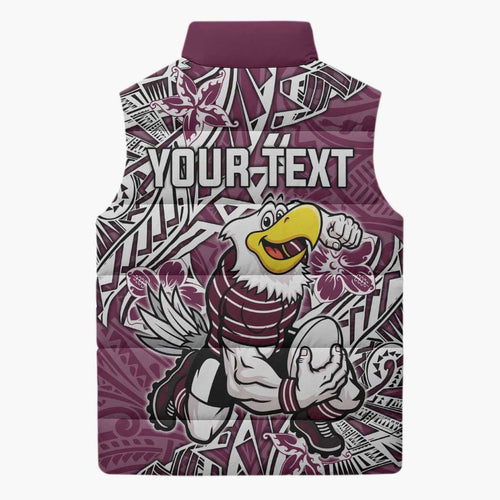 Personalised Manly Warringah Sea Eagles Sleeveless Puffer Jacket Polynesian Tribal Pattern With Rugby Sea Eagle Mascot Art