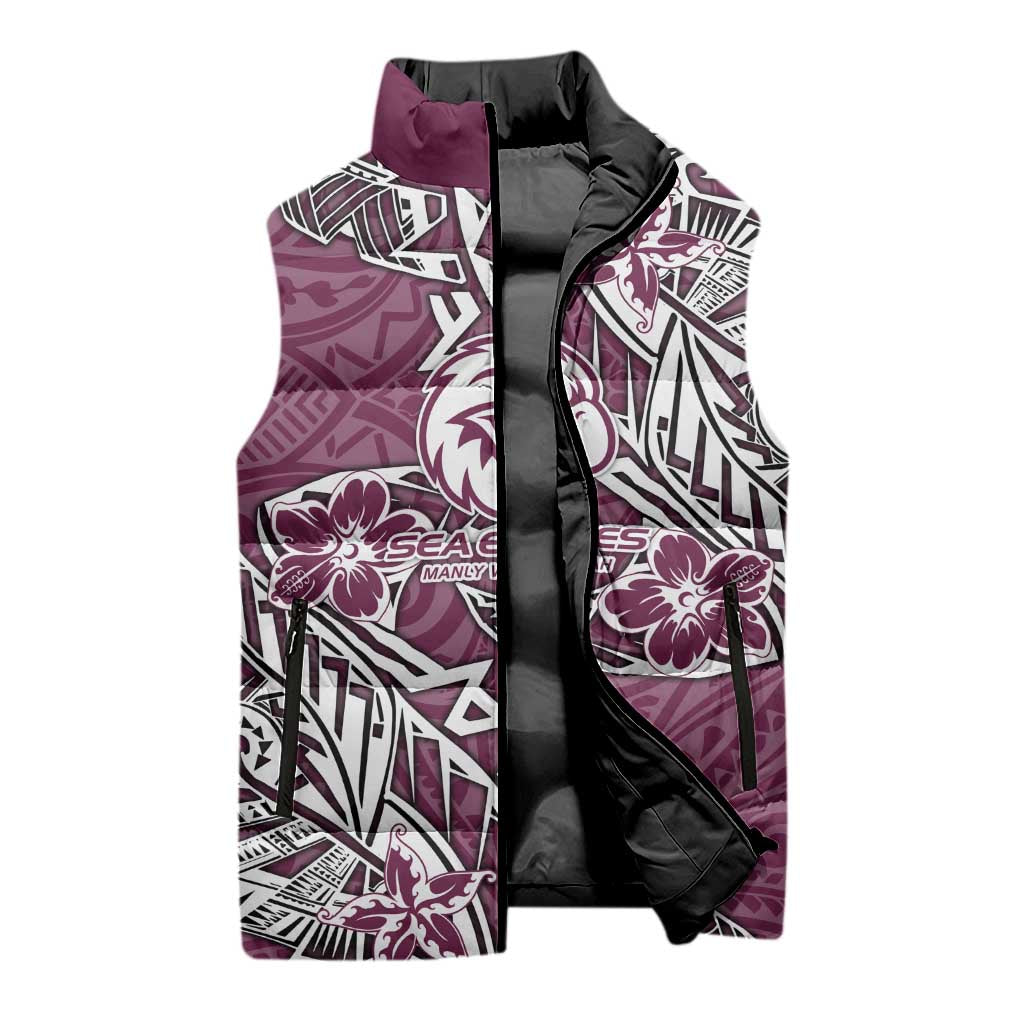 Personalised Manly Warringah Sea Eagles Sleeveless Puffer Jacket Polynesian Tribal Pattern With Rugby Sea Eagle Mascot Art