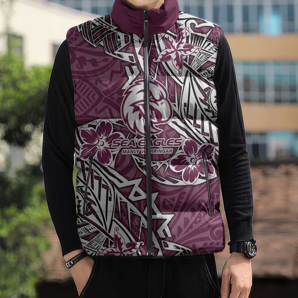 Personalised Manly Warringah Sea Eagles Sleeveless Puffer Jacket Polynesian Tribal Pattern With Rugby Sea Eagle Mascot Art