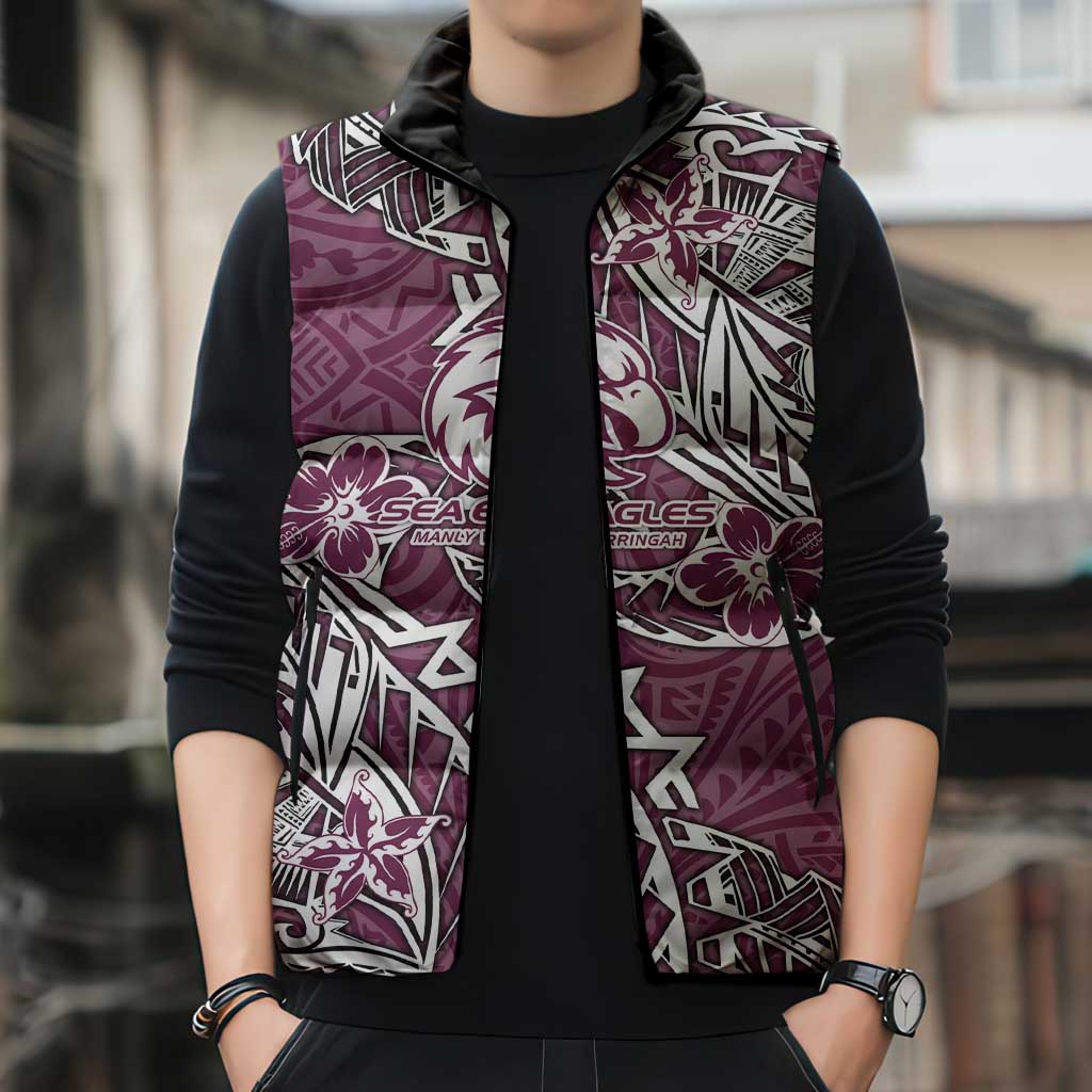 Personalised Manly Warringah Sea Eagles Sleeveless Puffer Jacket Polynesian Tribal Pattern With Rugby Sea Eagle Mascot Art