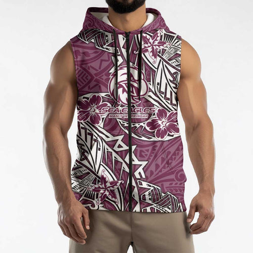 Personalised Manly Warringah Sea Eagles Sleeveless Zip Hoodie Polynesian Tribal Pattern With Rugby Sea Eagle Mascot Art