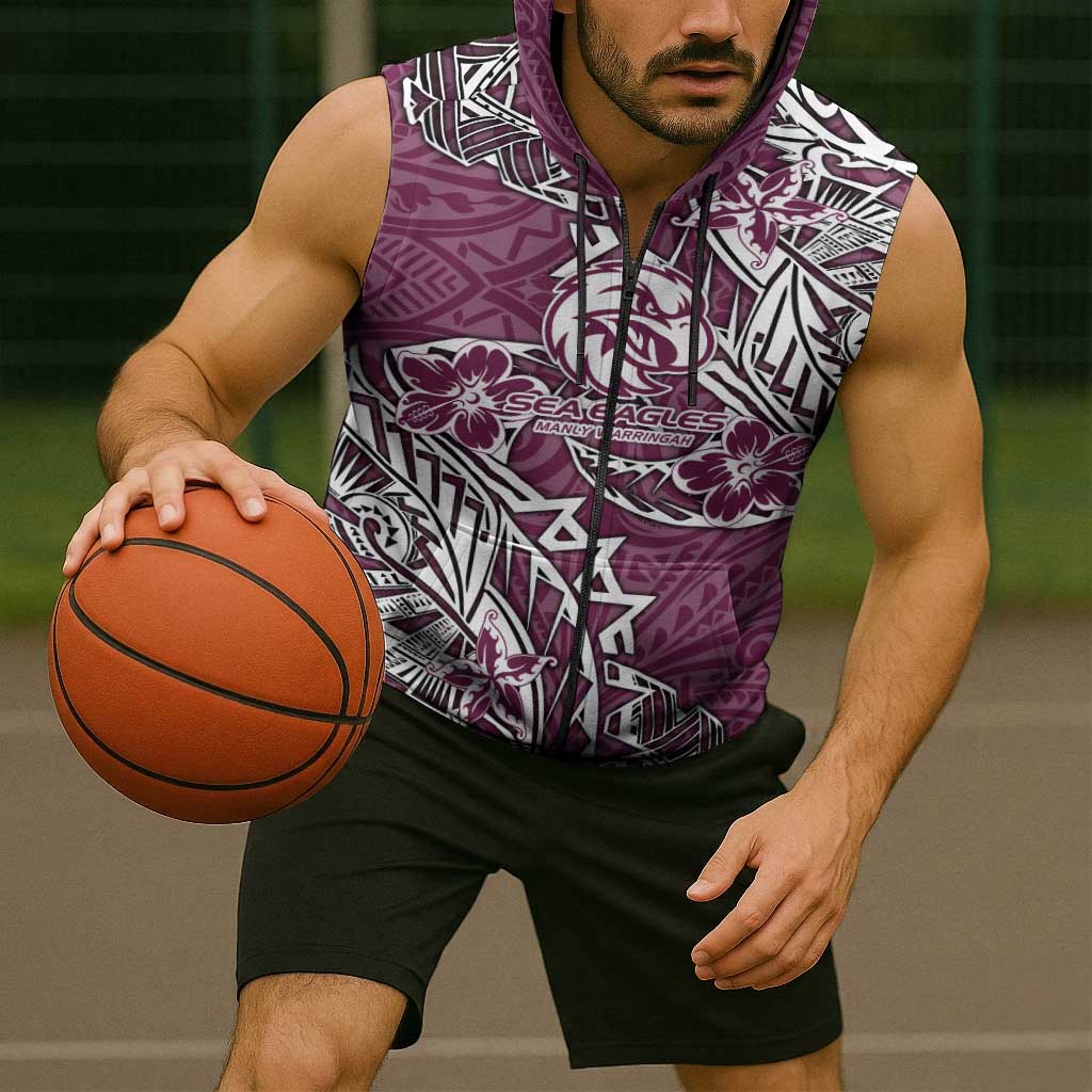 Personalised Manly Warringah Sea Eagles Sleeveless Zip Hoodie Polynesian Tribal Pattern With Rugby Sea Eagle Mascot Art