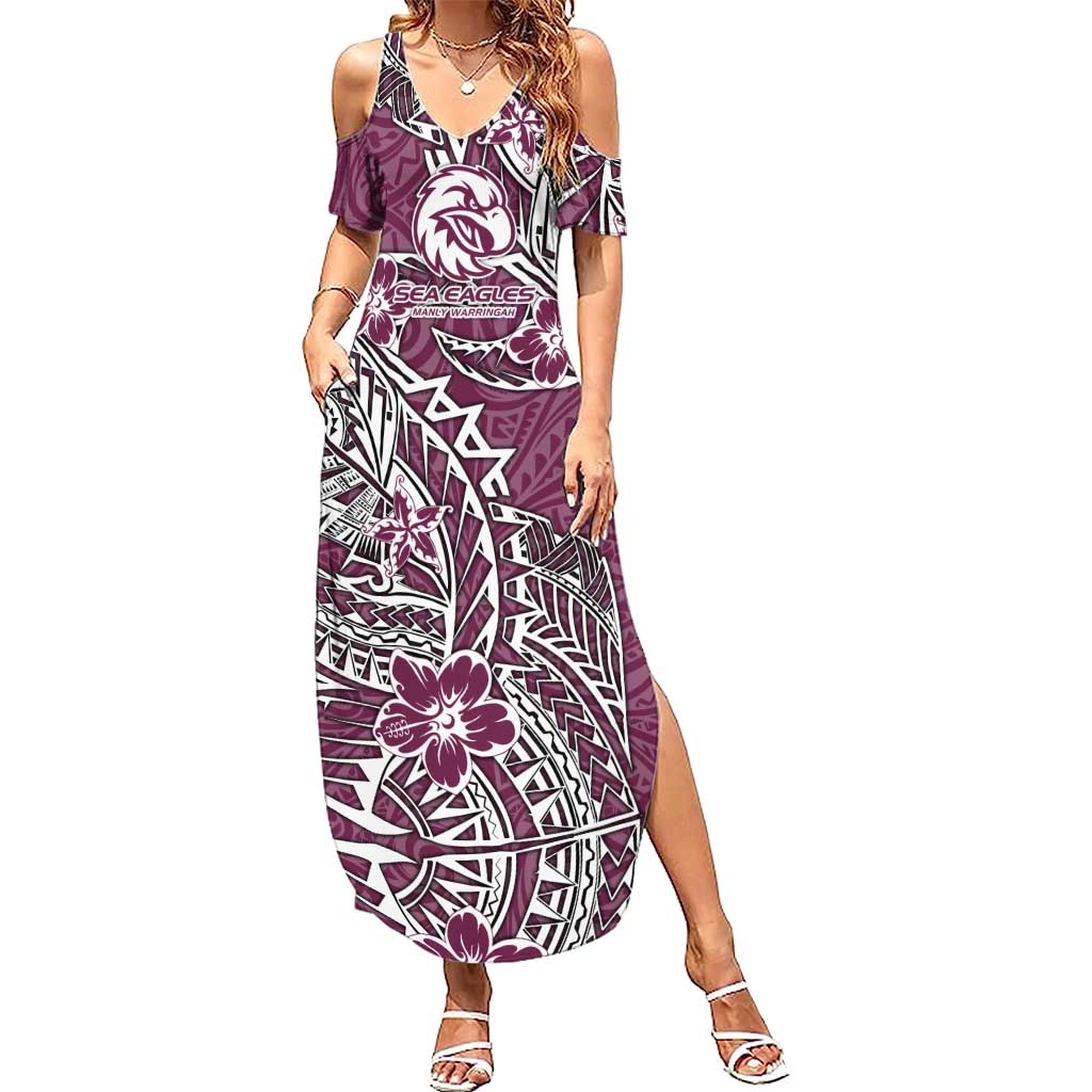 Personalised Manly Warringah Sea Eagles Summer Maxi Dress Polynesian Tribal Pattern With Rugby Sea Eagle Mascot Art