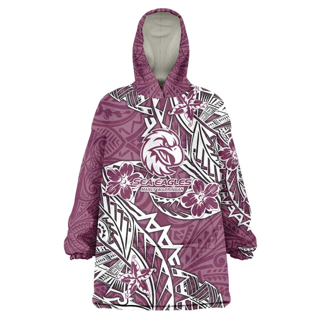 Personalised Manly Warringah Sea Eagles Wearable Blanket Hoodie Polynesian Tribal Pattern With Rugby Sea Eagle Mascot Art