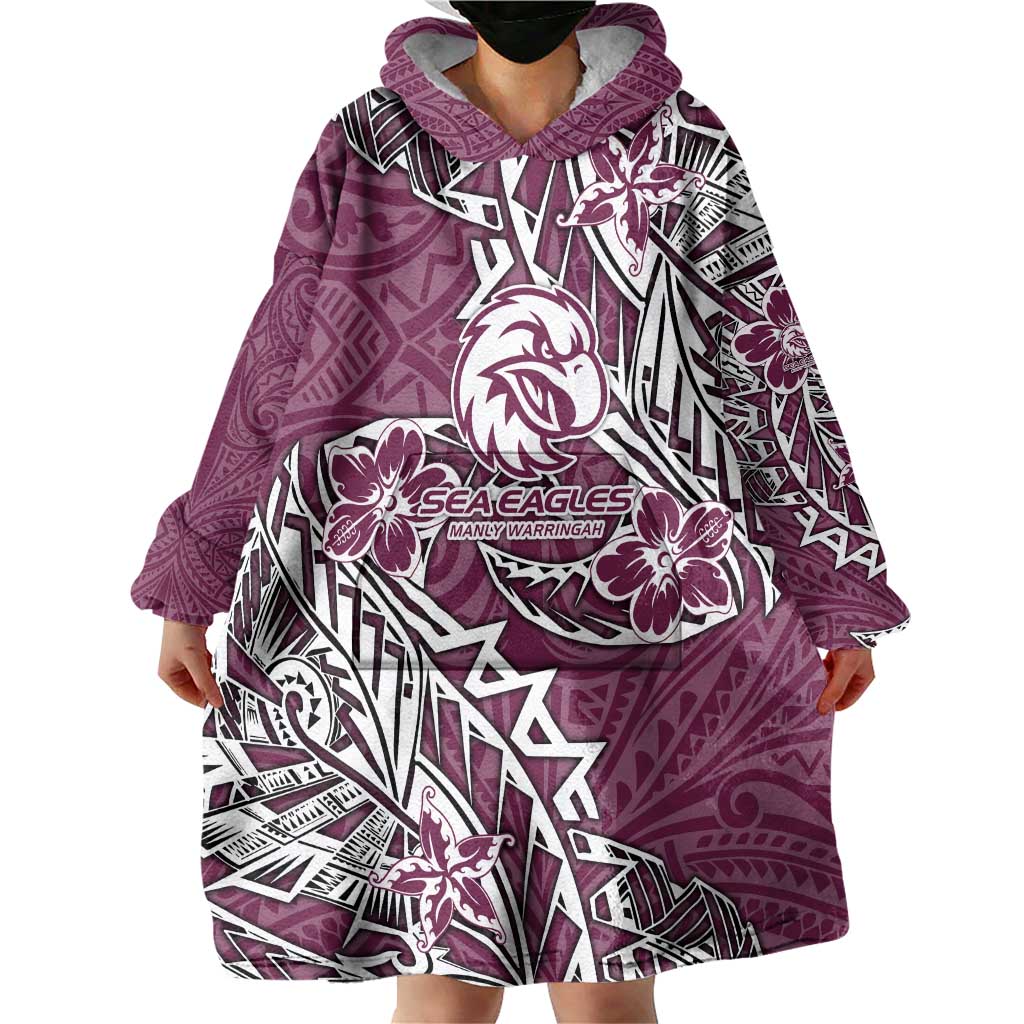 Personalised Manly Warringah Sea Eagles Wearable Blanket Hoodie Polynesian Tribal Pattern With Rugby Sea Eagle Mascot Art