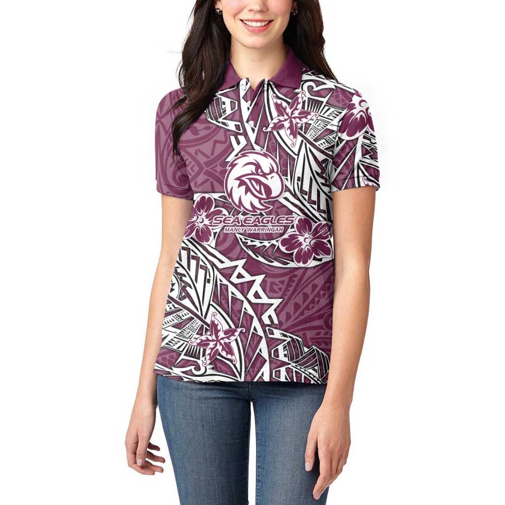 Personalised Manly Warringah Sea Eagles Women Polo Shirt Polynesian Tribal Pattern With Rugby Sea Eagle Mascot Art