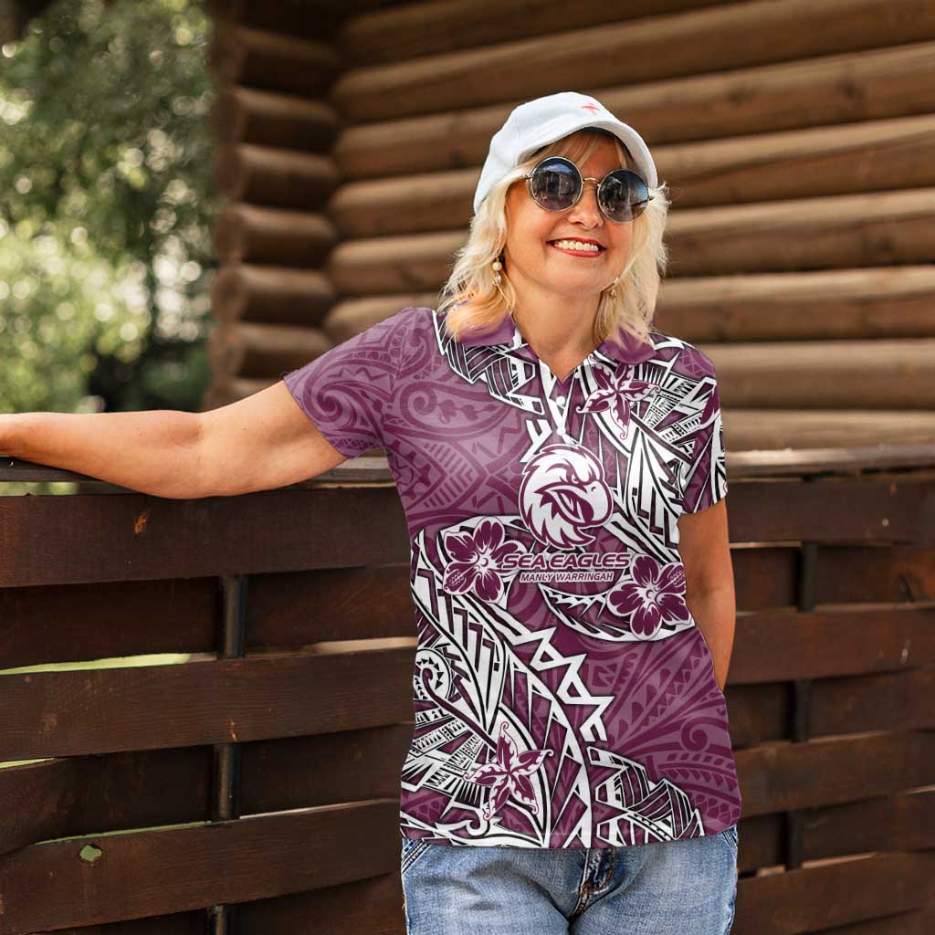 Personalised Manly Warringah Sea Eagles Women Polo Shirt Polynesian Tribal Pattern With Rugby Sea Eagle Mascot Art
