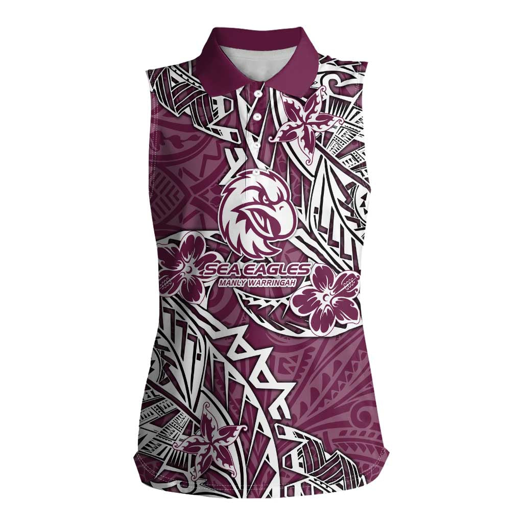 Personalised Manly Warringah Sea Eagles Women Sleeveless Polo Shirt Polynesian Tribal Pattern With Rugby Sea Eagle Mascot Art