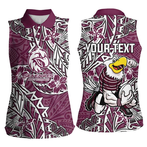 Personalised Manly Warringah Sea Eagles Women Sleeveless Polo Shirt Polynesian Tribal Pattern With Rugby Sea Eagle Mascot Art