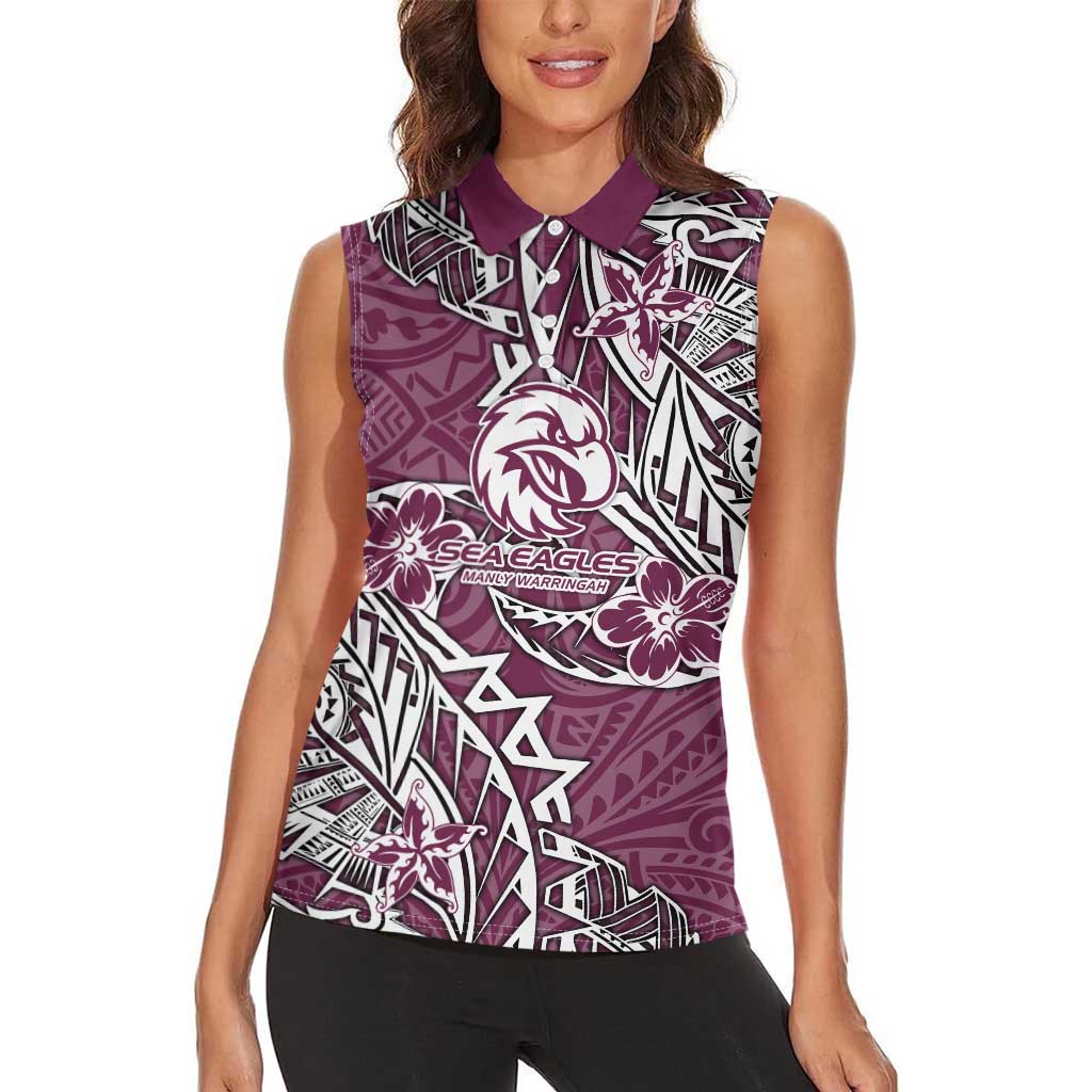 Personalised Manly Warringah Sea Eagles Women Sleeveless Polo Shirt Polynesian Tribal Pattern With Rugby Sea Eagle Mascot Art