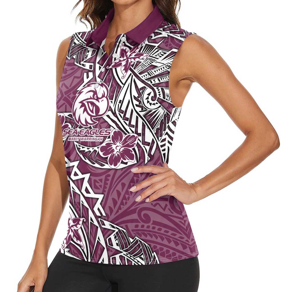 Personalised Manly Warringah Sea Eagles Women Sleeveless Polo Shirt Polynesian Tribal Pattern With Rugby Sea Eagle Mascot Art