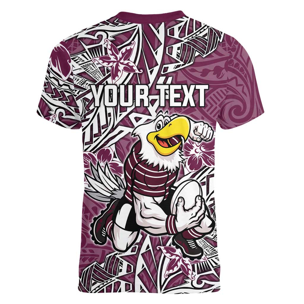Personalised Manly Warringah Sea Eagles Women V-Neck T-Shirt Polynesian Tribal Pattern With Rugby Sea Eagle Mascot Art