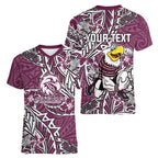 Personalised Manly Warringah Sea Eagles Women V-Neck T-Shirt Polynesian Tribal Pattern With Rugby Sea Eagle Mascot Art
