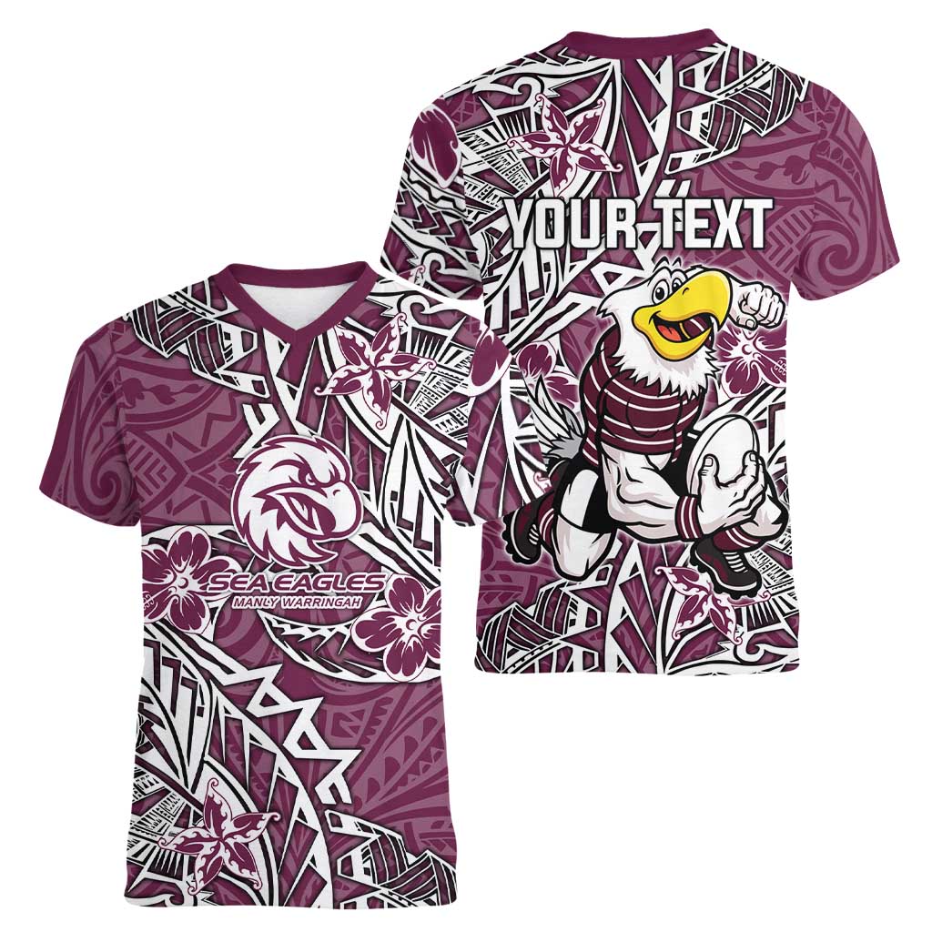 Personalised Manly Warringah Sea Eagles Women V-Neck T-Shirt Polynesian Tribal Pattern With Rugby Sea Eagle Mascot Art