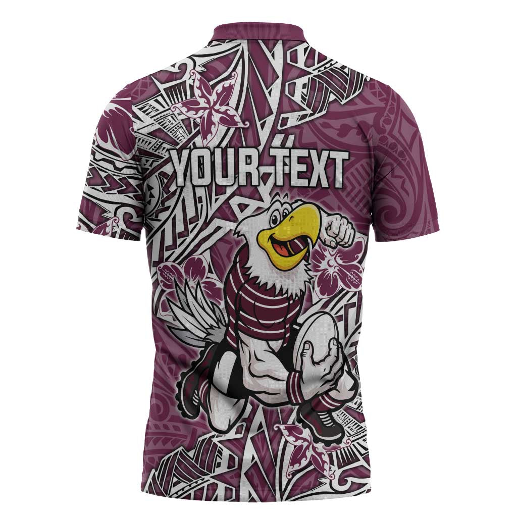 Personalised Manly Warringah Sea Eagles Zipper Polo Shirt Polynesian Tribal Pattern With Rugby Sea Eagle Mascot Art