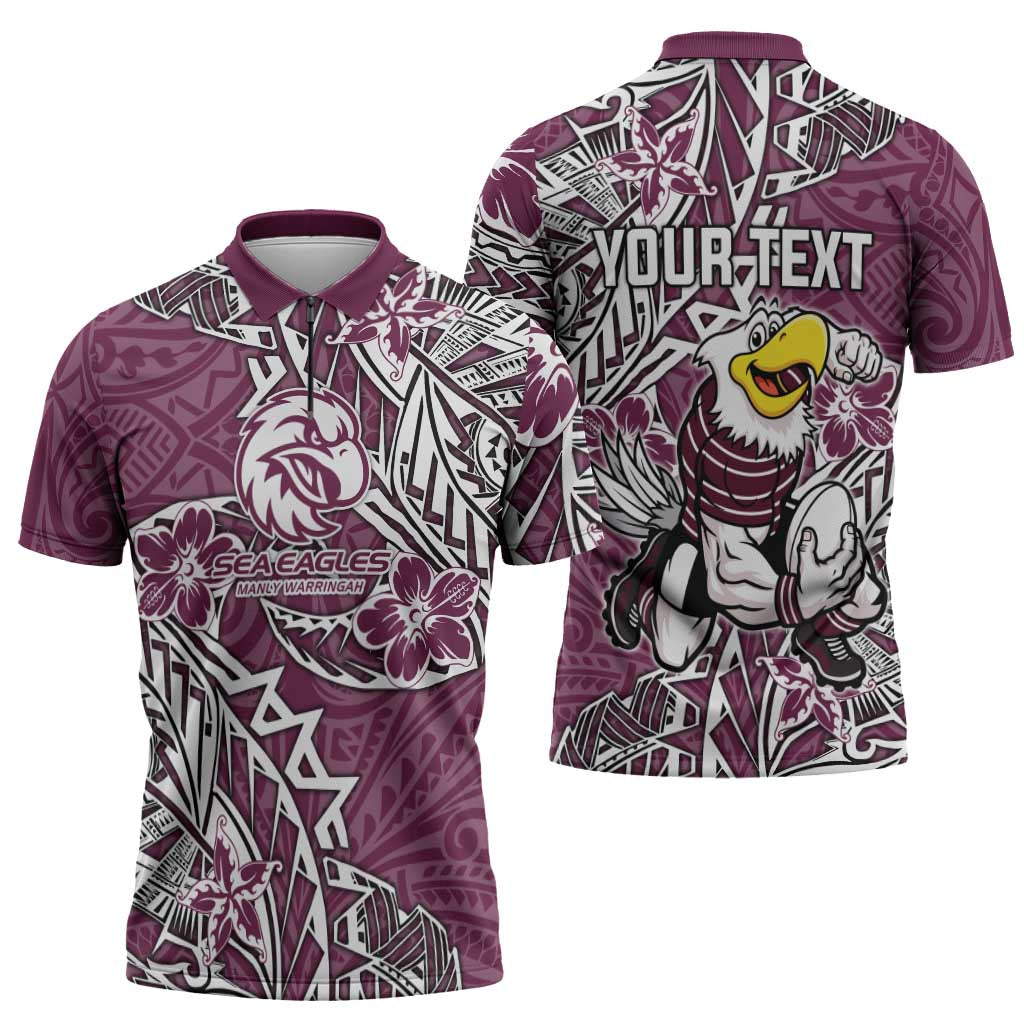 Personalised Manly Warringah Sea Eagles Zipper Polo Shirt Polynesian Tribal Pattern With Rugby Sea Eagle Mascot Art